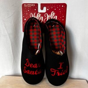 NWT Women’s Black Velvet Slippers “Dear Santa I Tried” - Large (8/9)